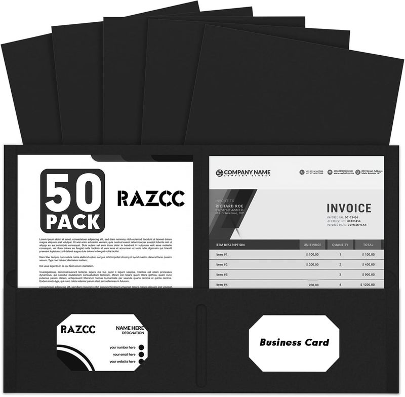 RAZCC Two Pocket Folders, 50 Pack 2 Pocket Folders Fit Letter Size Paper, Paper Folders with Pockets for School Office Business Home, Black - Image 1